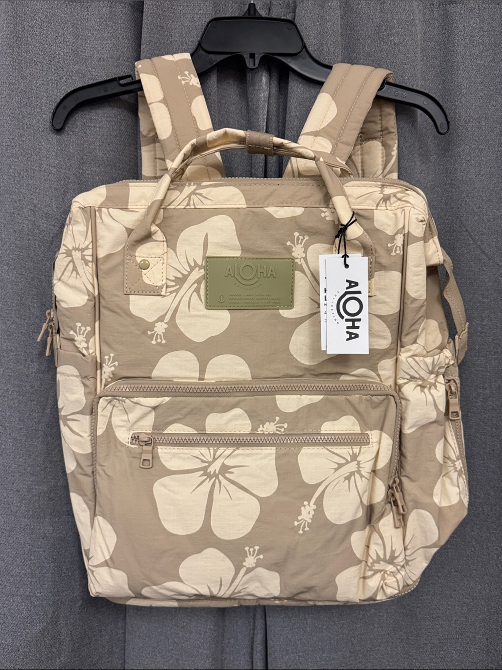 ALOHAS Beige Floral Canvas Backpack Tote with Top Handle